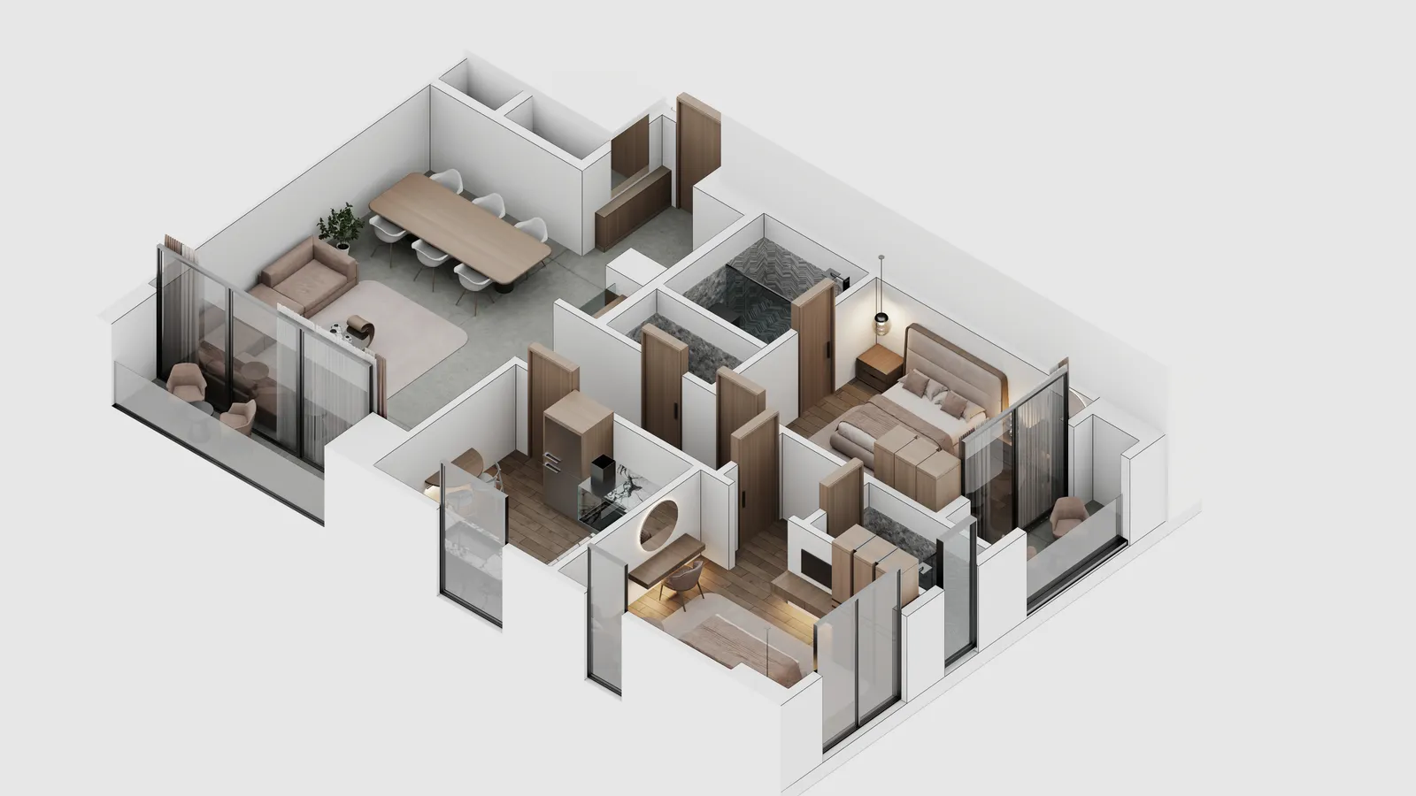 Two bedroom A, furnished, seen from one corner